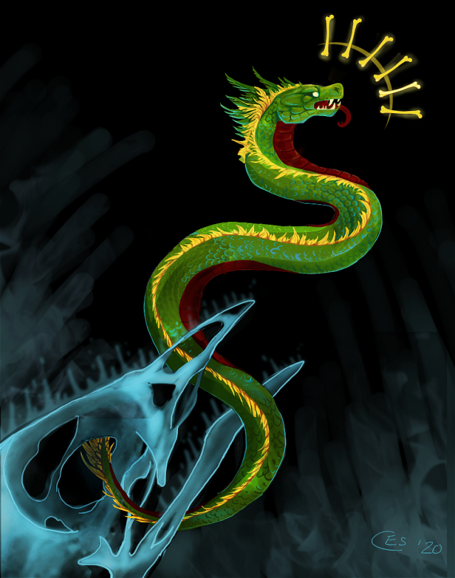 Digital artwork of Quetzalcoatl, the Feathered Serpent, escaping from the beak of a giant skeletal bird. 