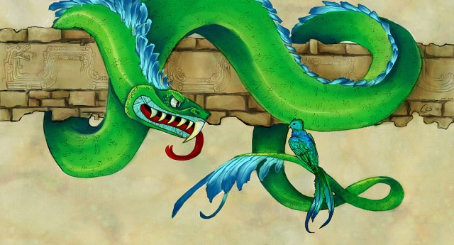 Digital art of Quetzalcoatl, a green feathered serpent, looking at a little quetzal bird. 