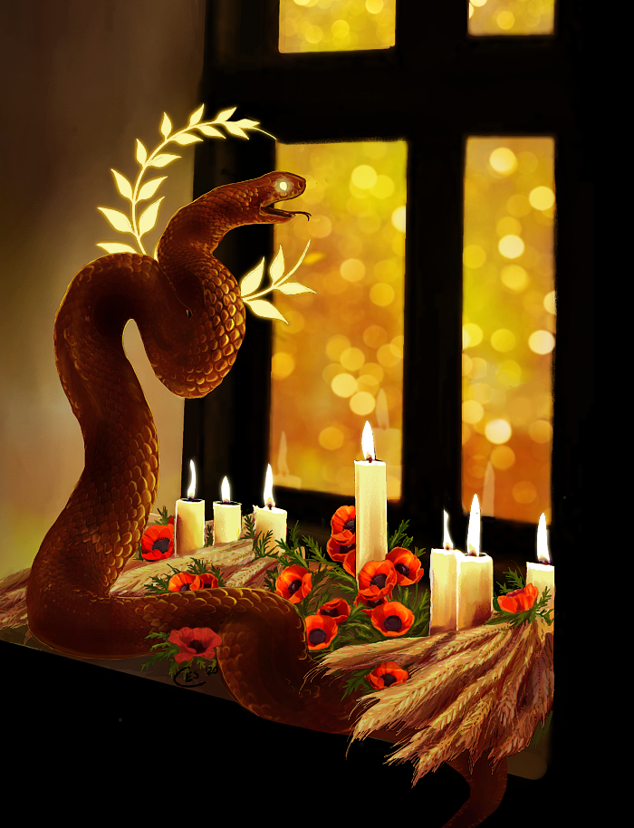 Digital art of a snake on a windowsill surrounded by poppies, candles, and wheat.