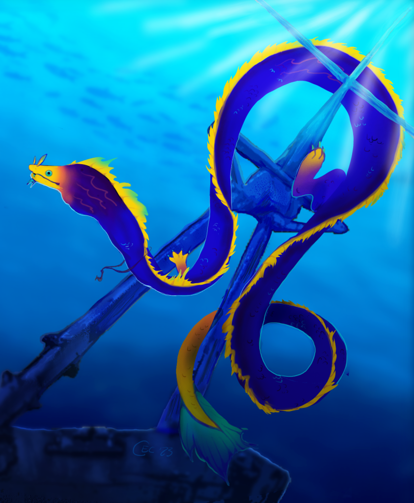 Digital art of a blue-purple sea serpent underwater, clinging to a ship's mast. 